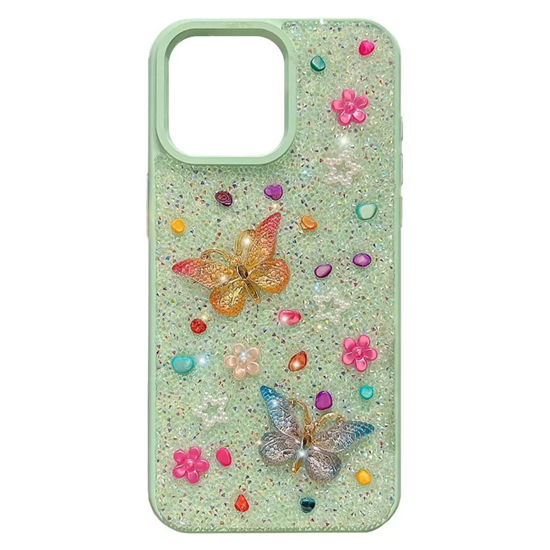 iPhone 16 Butterfly and Diamond Bling Case Green